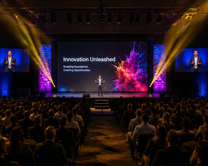 Perth corporate conference with PA system, projection screen and wireless microphone setup